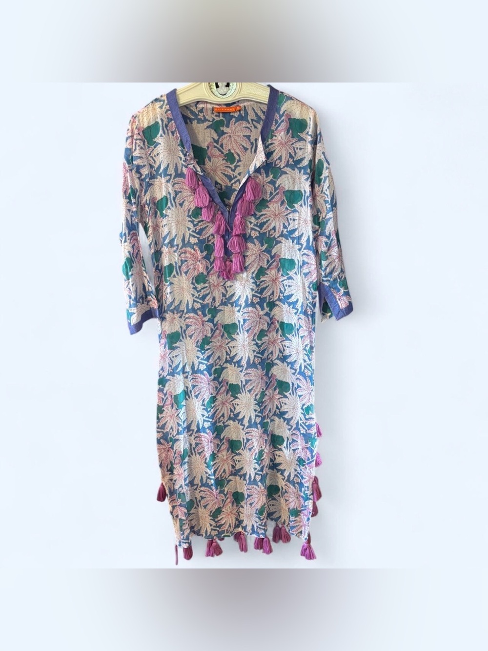 Oliphant Midi Kaftan Dress Sz Medium Cotton Voile Tassels Floral Resort Wear - Picture 4 of 7
